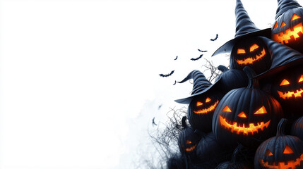 Dark pumpkins white background. Happy Halloween banner. Copy space.