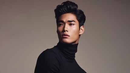 Obraz premium A young man poses confidently in a black turtleneck, showcasing elegance and poise against a simple backdrop
