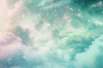 Fototapeta premium Pastel Mint Dreamscape: Magical Clouds and Stars Background for Print, Card, Poster Design
