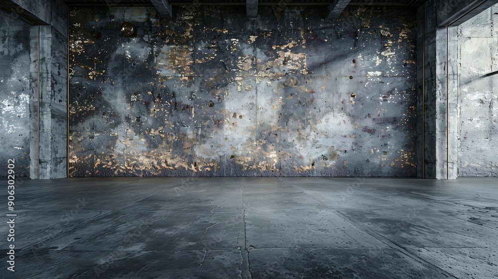 Poster empty warehouse room with grungy stucco concrete wall floor room as background corner of old grunge 