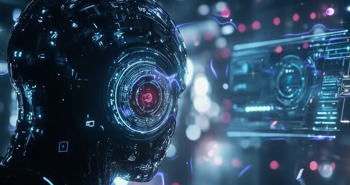 Create a futuristic background featuring a real depiction of AI technology, with clean, high-definition visuals that highlight intricate details of digital interfaces and robotics