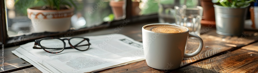 Sticker Cozy Morning Coffee Break with Newspaper and Glasses on Wooden Diner Table