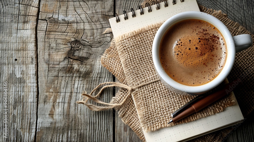 Aufkleber Cup of coffee with notepad and brown pen on wooden table top view copy space : Generative AI