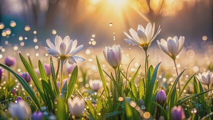 Fototapeta premium Ethereal image of dewy spring flowers blooming in morning light, Spring, awakening, nature, flowers, dew, sunlight, buds