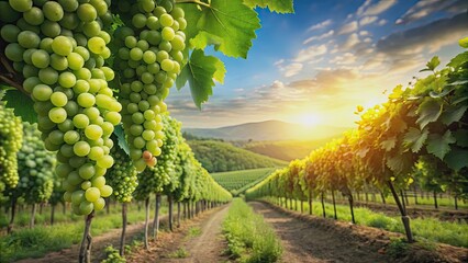 Fototapeta premium Lush green vineyard with ripe grapes , agriculture, vineyard, farming, harvest, fruit, wine, vine, organic, nature
