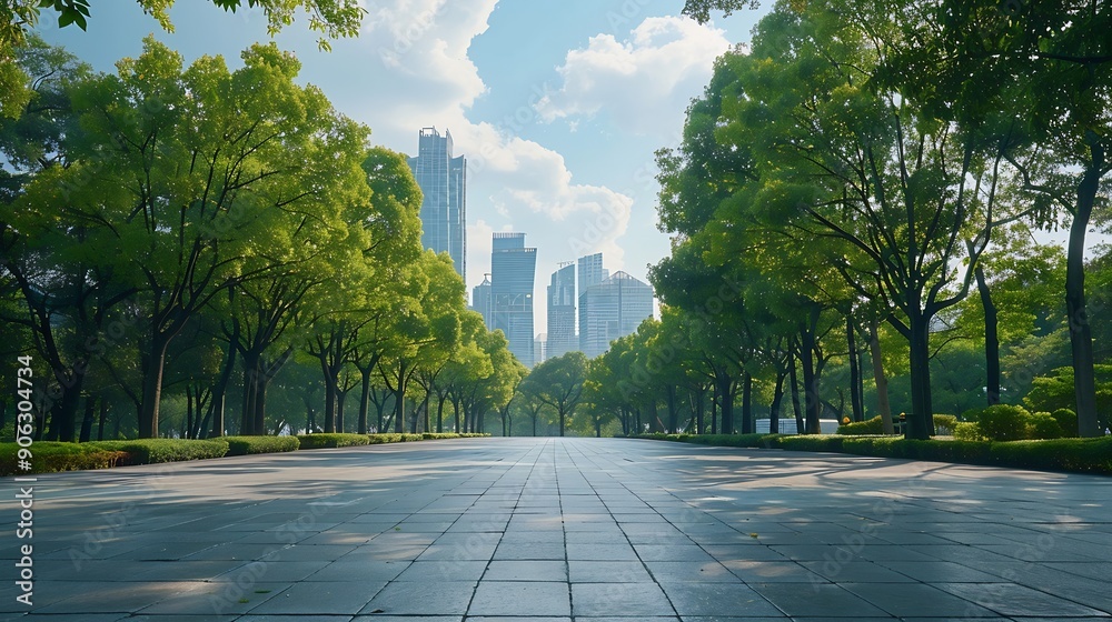 Aufkleber empty square floor and green forest with city skyline scenery : generative ai