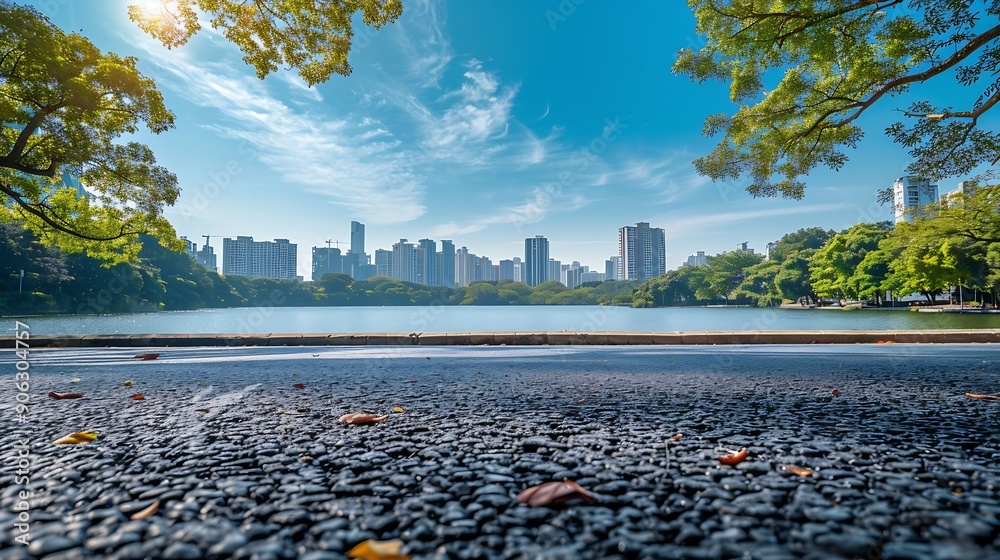 Poster asphalt road platform and lake with city skyline background : generative ai