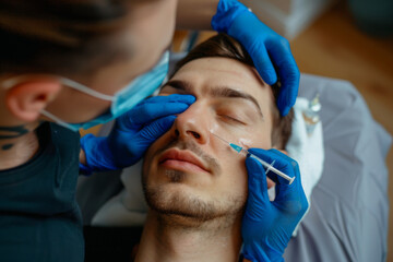 Young man receives botox injection for facelifting. Aesthetic medicine