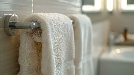 White Towels Hanging in Bathroom.