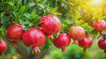 Obraz premium Ripe pomegranate fruits hanging on a tree branch in a luscious garden , Pomegranate, Fruits, Tree, Garden, Fresh, Ripe, Red