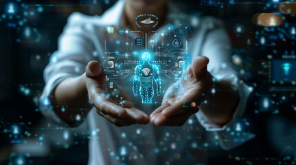 Analyst shows AI tool design work 1. hands 2. icons 3. holograms, white background