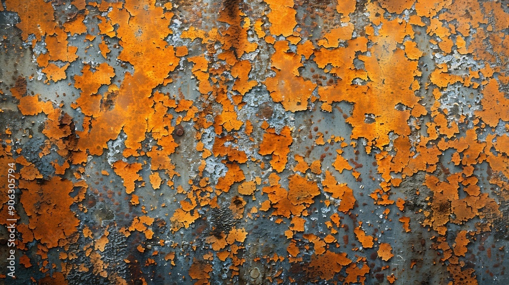 Poster orange rust stains on weathered steel plate or top view yellow iron table and old brown metal wall f