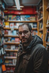 Man Standing Near Bookshelf