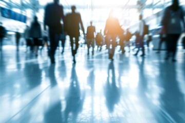 Blurry business professionals walking at a trade fair or conference in a contemporary hall