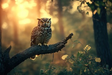 Obraz premium A Spotted Owl Perched on a Branch in a Forest at Sunset