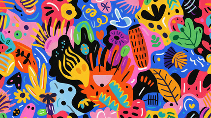 Fototapeta premium A colorful painting of a jungle scene with many different types of plants