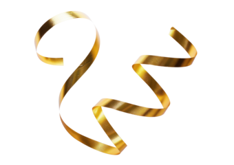 A thin curly gold ribbon for Christmas and birthday present banner isolated against a white background.