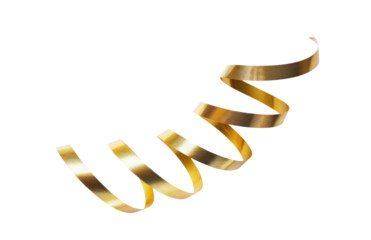 A thin curly gold ribbon for Christmas and birthday present banner isolated against a white background.