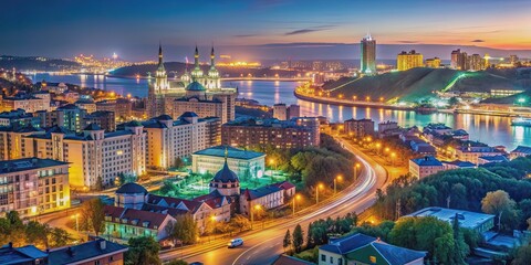 Fototapeta premium Night cityscape of Vladivostok, Russia with illuminated streets and buildings, Vladivostok, Russia, night