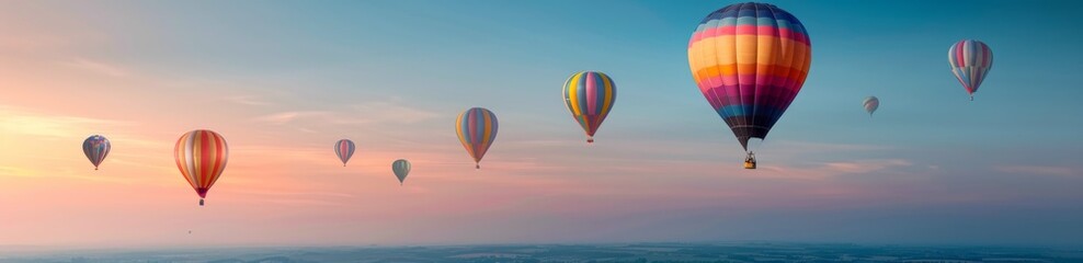 Obraz premium Hot Air Balloon Over Scenic Landscape at Sunrise