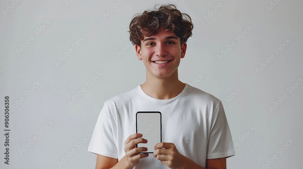 Poster handsome young man holding a smartphone mockup with a blank screen and smiling on a white background