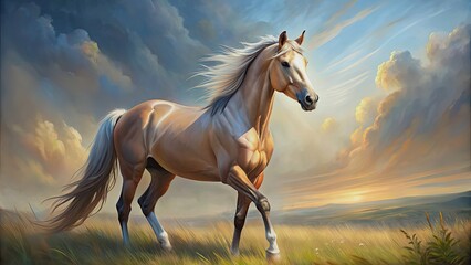 Obraz premium Realistic painting of a majestic horse , animal, equine, artwork, portrait, equestrian, fine art, beautiful, colorful, nature