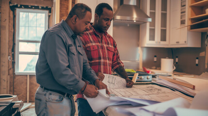 Construction engineer use measuring tape while talking to house owner for renovation process.