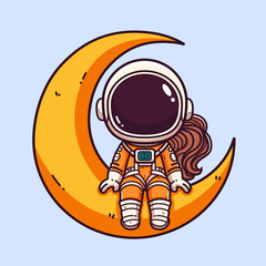Cute cartoon astronaut girl sitting on the crescent moon. © sandi
