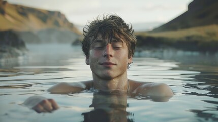 A young man enjoys a peaceful soak in a hot spring, surrounded by breathtaking nature