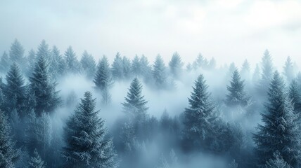 Coniferous forest in fog, creating a mystical and balanced atmosphere, ethereal beauty