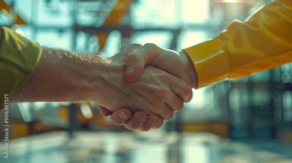 Poster construction team shake hands greeting start new project plan behind yellow helmet on desk in office