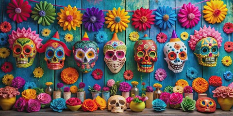 Fototapeta premium Vibrant Day of the Dead celebration with colorful paper mache decorations, Day of the Dead, celebration, Mexican