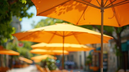 Large sun umbrellas in a street restaurant on a sunny day : Generative AI