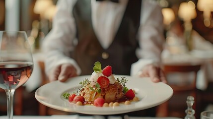 Fine dining food and waiter serving at a restaurant for a luxury valentines day or anniversary meal Formal hospitality service and server with a plate or dish for a fancy special dinne : Generative AI