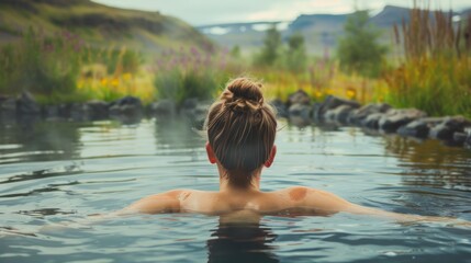 Fototapeta premium A person enjoys soothing warm waters in a serene hot spring amidst beautiful greenery