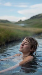 Fototapeta premium A young person relaxes in warm waters while nestled in a picturesque landscape