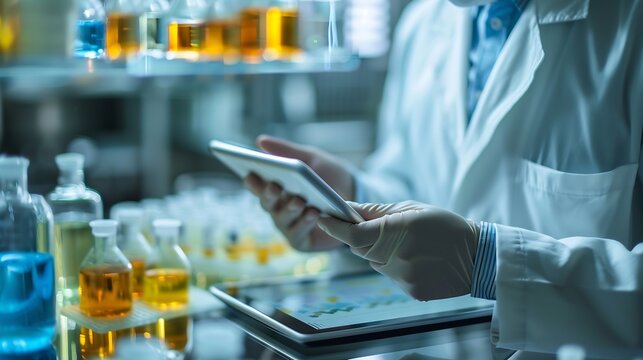 Tablet scientist and happy for analysis in laboratory healthcare and reading of online pharmaceutical research Asian expert technology or connection for innovation or information in bi : Generative AI