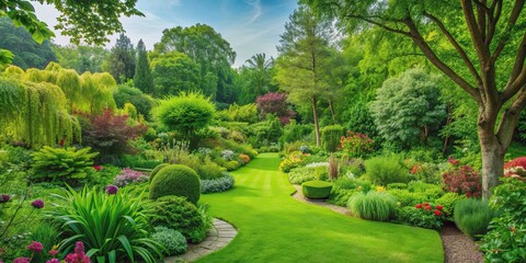 Obraz premium Lush green plants in a vibrant garden setting, garden, background, plants, greenery, foliage, nature, outdoor, growth