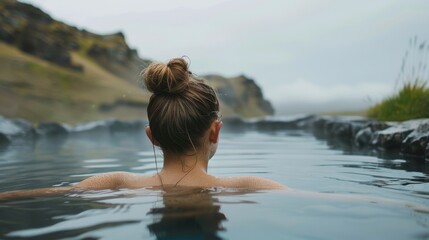 Fototapeta premium A person relaxes in geothermal waters, enveloped by stunning mountainous scenery and a calm atmosphere
