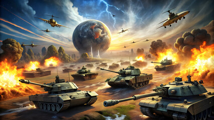 Futuristic battlefield chaos: tanks, planes, and a fiery global threat.Concepts of World War third Dramatic image of impending doom: city under attack by air and land forces