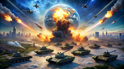 Obraz premium Futuristic battlefield chaos: tanks, planes, and a fiery global threat.Concepts of World War third Dramatic image of impending doom: city under attack by air and land forces