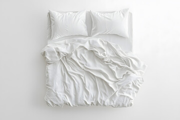 Obraz premium Blank white bed mock up, top view isolated on white background. Empty blanket and pillows mockup in bedstead