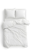 Blank white bed mock up, top view isolated on white background. Empty blanket and pillows mockup in bedstead