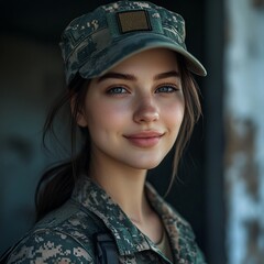 Beautiful Young Woman in Military Attire with a Friendly Smile