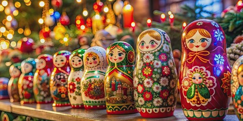 Matryoshka nesting dolls displayed at a festive Christmas market , Russian, tradition, hand-painted, wooden, holiday
