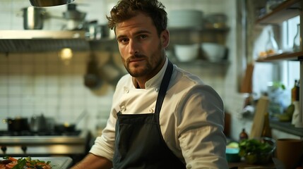 Fototapeta premium Man in chef apron cooking on kitchen : Generative AI