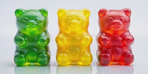 Three colorful gummy bears sitting in a row , colorful, gummy, sweet, candy, bears, trio, vibrant, tasty, chewy, snack