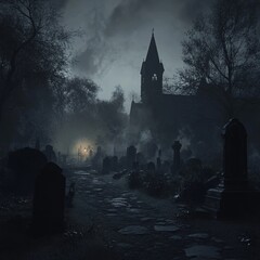AI-Generated Image of a Spooky Cemetery on Halloween Night