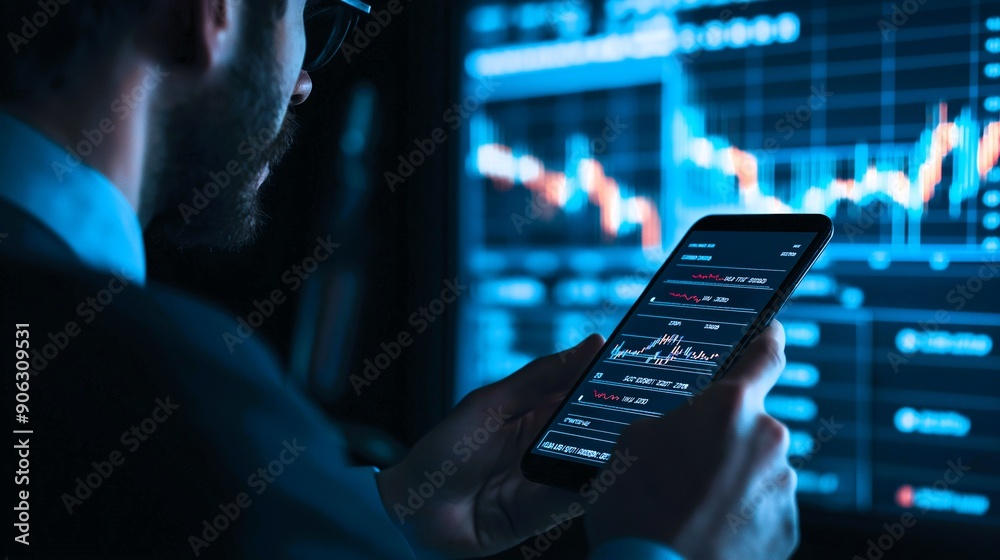 Poster a man is holding a cell phone in front of a computer monitor displaying financial data. the man is f