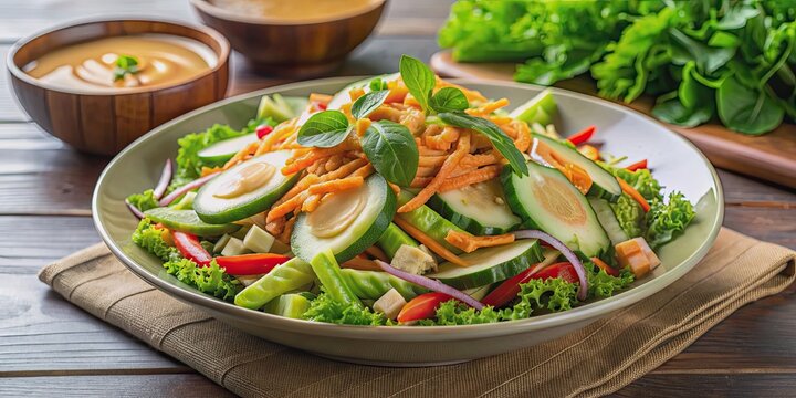Fresh Indonesian karedok salad with mixed vegetables and peanut sauce, Indonesian, food, karedok, salad, vegetables